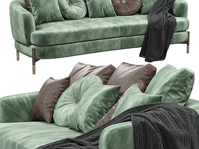 Green Velvet Two Seater Sofa With Decorative Pillows And Black Throw Blanket 3d model