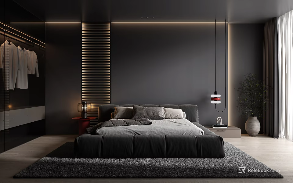 Modern Bedroom Interior Design With Black Bed Gray Walls And Striped Panel Rug 3d model 