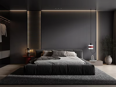 Modern Bedroom Interior Design With Black Bed Gray Walls And Striped Panel Rug 3d model