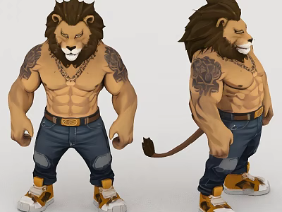 Detailed Anthropomorphic Muscular Lion With Tattoos Necklace Jeans And Sneakers 3d model