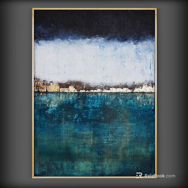 Golden Framed Wall Art with Blue Water Surface and White Buildings in Background 3d model 