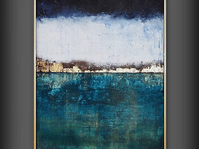 Golden Framed Wall Art with Blue Water Surface and White Buildings in Background 3d model