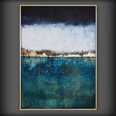 Golden Framed Wall Art with Blue Water Surface and White Buildings in Background 3d model