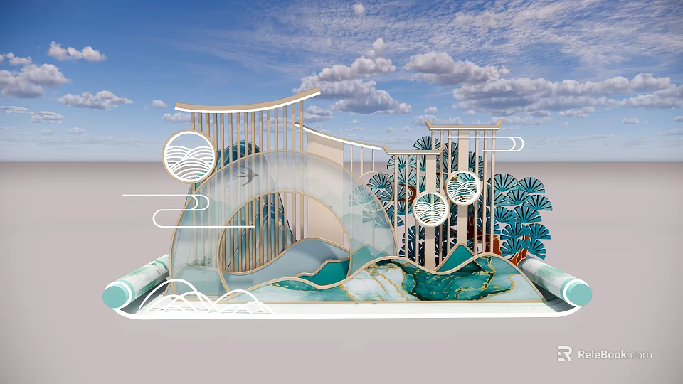 Chinese Decorative Structure With Wave Design Circular Patterns Palm Leaves Scroll Base And Cloudy Sky 3d model