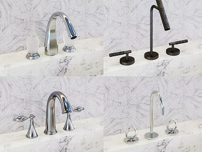Different Style Faucets Displayed On Marble Countertop With Patterned Background 3d model