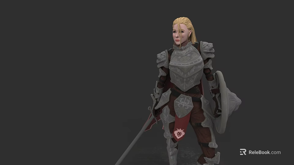 Blonde Female Warrior In Detailed Armor Holding Sword And Shield With Red Sash And Emblem 3d model 