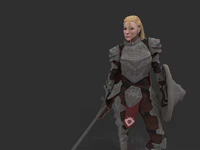 Blonde Female Warrior In Detailed Armor Holding Sword And Shield With Red Sash And Emblem 3d model