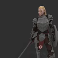 Blonde Female Warrior In Detailed Armor Holding Sword And Shield With Red Sash And Emblem