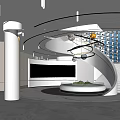 Modern Sales Office Interior With Curved Design Spiral Staircase Large Screen And Circular Water Feature