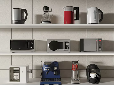 Assorted Kitchen Appliances Display On Shelves With Kettles Microwaves Coffee Machines And Juicers 3d model