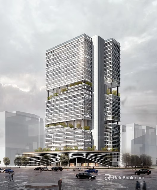 Modern High Rise Residential Building With Glass Facade And Green Terraces 3d model 