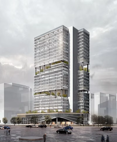 Modern High Rise Residential Building With Glass Facade And Green Terraces 3d model