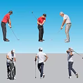 Multiple Golfers Performing Various Golf Actions Swinging Clubs Preparing To Hit Balls And Carrying Bags
