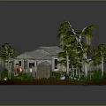 Cartoon Scene Featuring Wooden Huts Palm Trees Swampy Area Small Signs And Surrounding Plants