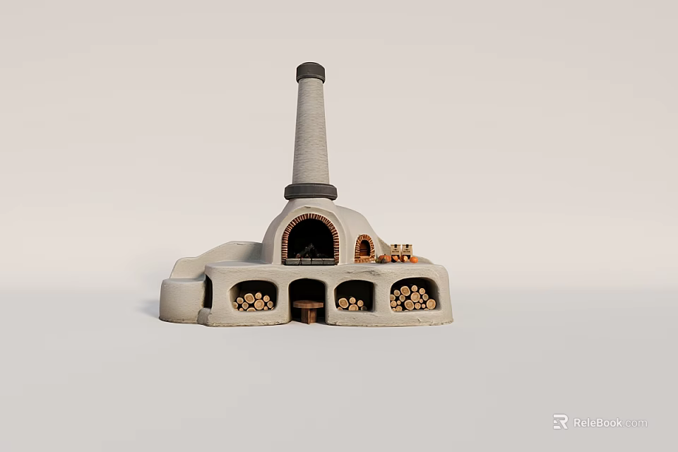Traditional Stone Stove with Tall Chimney Arched Opening and Stacked Firewood 3d model 