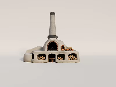 Traditional Stone Stove with Tall Chimney Arched Opening and Stacked Firewood 3d model