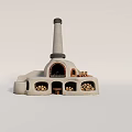 Traditional Stone Stove with Tall Chimney Arched Opening and Stacked Firewood