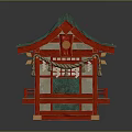 Traditional Japanese Shrine Structure With Teal Roof Red Pillars And Wooden Base