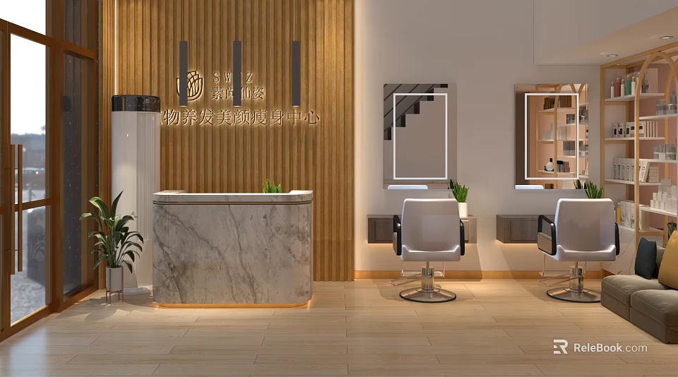 Elegant Beauty Hair Salon Interior With Wooden Wall Marble Reception Desk Mirrors And Salon Chairs 3d model 