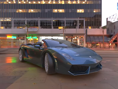 Luxury Convertible Sports Car Parked On City Street With Modern Skyscrapers And Neon Lights 3d model