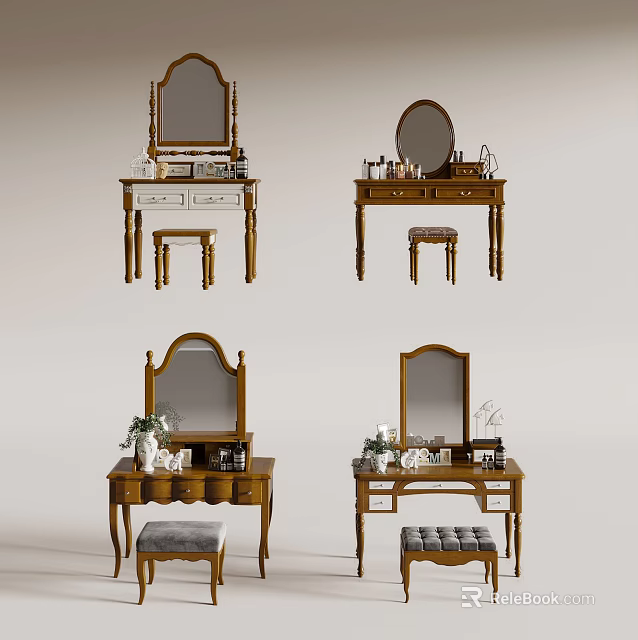 Classic Wooden Dressing Table With Mirror Stool And Decorative Accessories 3d model 