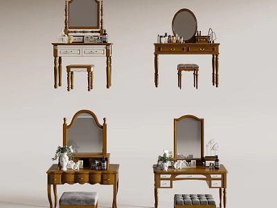 Classic Wooden Dressing Table With Mirror Stool And Decorative Accessories 3d model