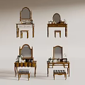 Classic Wooden Dressing Table With Mirror Stool And Decorative Accessories 3d model