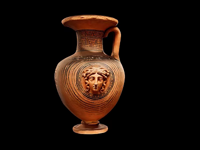 Decorative Ornament Set Featuring Terracotta Vase With Carved Female Face And Geometric Patterns 3d model