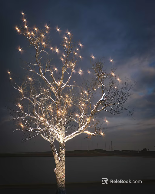 Tall Tree Adorned With Bright String Lights Against Dark Night Sky 3d model 