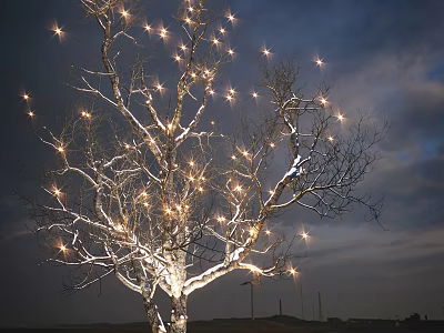 Tall Tree Adorned With Bright String Lights Against Dark Night Sky 3d model