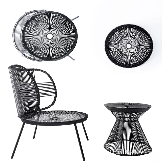 Modern Woven Rattan Table and Chair Set With Curved Back and Round Top Design 3d model 