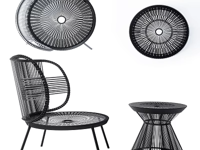 Modern Woven Rattan Table and Chair Set With Curved Back and Round Top Design 3d model