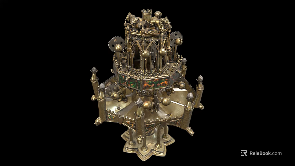 Ornate Multi Tiered Metal Decorative Ornament Set With Architectural Design And Colorful Inlays 3d model 