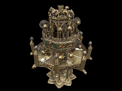 Ornate Multi Tiered Metal Decorative Ornament Set With Architectural Design And Colorful Inlays 3d model