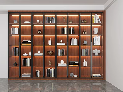 Wooden Bookcase With Multiple Shelves Books Decorative Items Vases And Sculptures 3d model