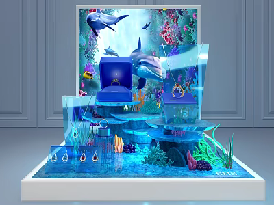 Underwater Themed Display With Dolphins Marine Life And Blue Decorative Elements 3d model