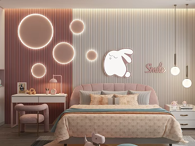 Soft Pink Kids Room Interior With Bunny Wall Decor Round Lights And Bed 3d model