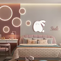 Soft Pink Kids Room Interior With Bunny Wall Decor Round Lights And Bed