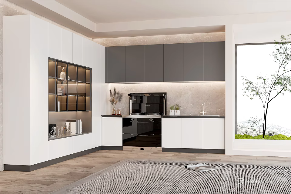 Modern Kitchen Interior With White Gray Cabinets Appliances And Window View 3d model 