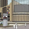 Modern Commercial Building Exterior With Glass Facade Shops Pedestrians And Trees