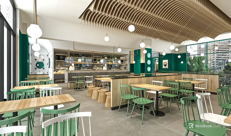 Contemporary Restaurant Interior With Green Chairs Wooden Tables Open Bar Counter And Pendant Lights 3d model 