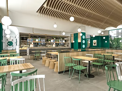 Contemporary Restaurant Interior With Green Chairs Wooden Tables Open Bar Counter And Pendant Lights 3d model