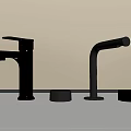 Two Chrome Modern Faucets With Round Bases On Beige Wall Countertop