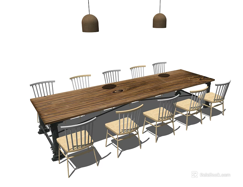 Modern Wooden Conference Table With Round Grooves Tabletop Surrounding Chairs And Hanging Lights 3d model 