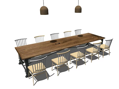 Modern Wooden Conference Table With Round Grooves Tabletop Surrounding Chairs And Hanging Lights 3d model