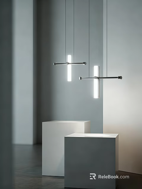 Modern Linear Pendant Lights With Metal Crossbar Over White Display Cubes 3d model 
