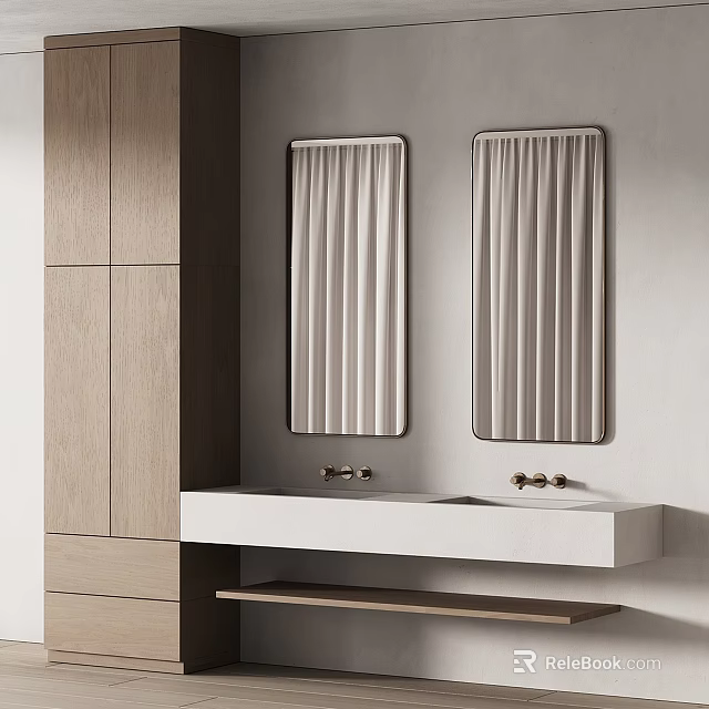 Modern Bathroom Interior With Double Vanity Sink Two Rectangular Mirrors And Wooden Cabinets 3d model