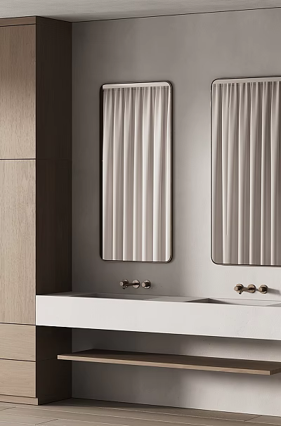 Modern Bathroom Interior With Double Vanity Sink Two Rectangular Mirrors And Wooden Cabinets 3d model