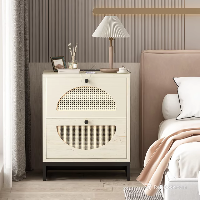 Modern Light Colored Bedroom Bedside Table With Two Rattan Drawers Lamp And Photo Frame 3d model 