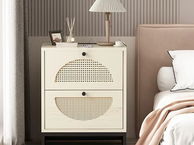 Modern Light Colored Bedroom Bedside Table With Two Rattan Drawers Lamp And Photo Frame 3d model